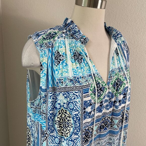 Chicos Womens Large Blue White Maxi Dress Sleeveless Boho Patchwork Tassel Tie - Picture 4 of 14